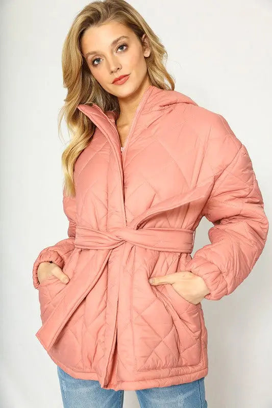 Quilted Puffer Jacket With Belt Detail Solid Color Warm Cozy Winter Coat Miss Sparkling