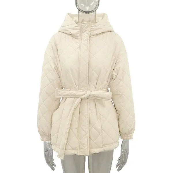 Quilted Puffer Jacket With Belt Detail Solid Color Warm Cozy Winter Coat Miss Sparkling