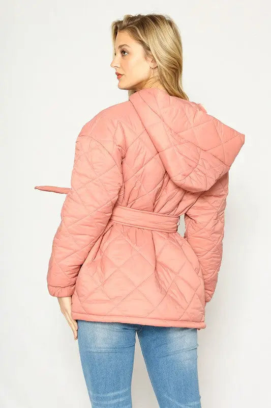 Quilted Puffer Jacket With Belt Detail Solid Color Warm Cozy Winter Coat Miss Sparkling
