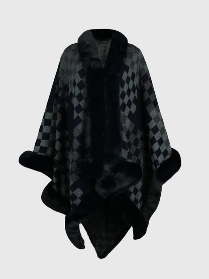 Checkered Faux Fur Trim Poncho.