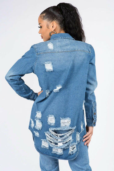 American Bazi Distressed Button Down Denim Shirt Jacket.