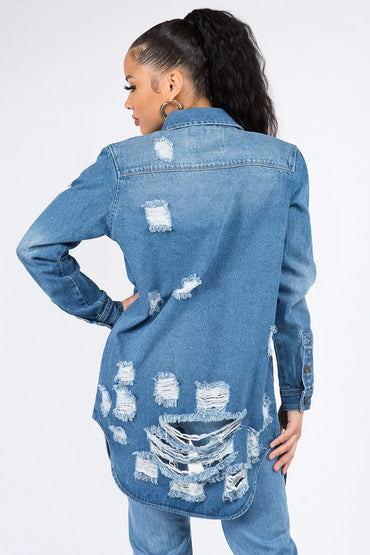 American Bazi Distressed Button Down Denim Shirt Jacket - Love Salve 