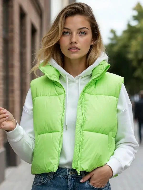 Cropped Puffer Vest With Stand Collar Front Zipper For Lightweight Layering Miss Sparkling