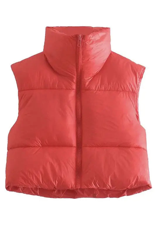 Cropped Puffer Vest With Stand Collar Front Zipper For Lightweight Layering Miss Sparkling