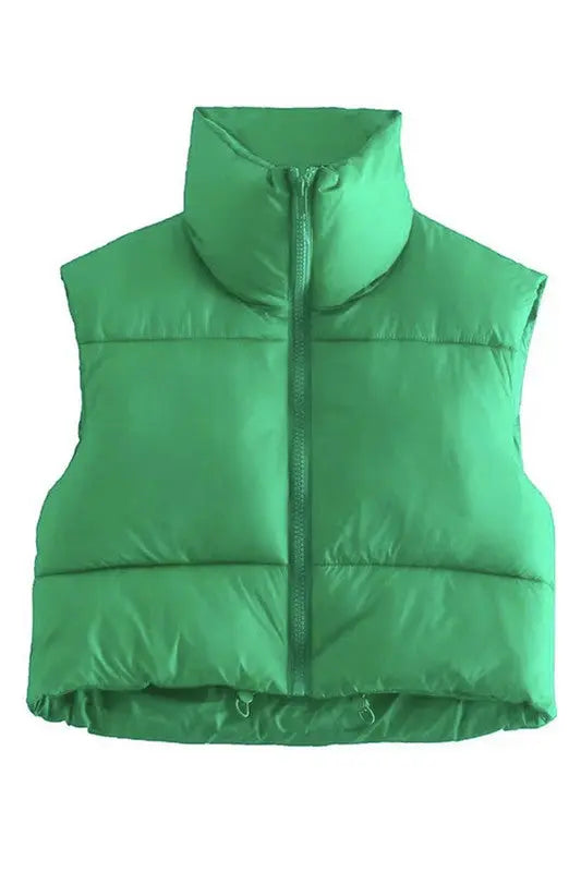 Cropped Puffer Vest With Stand Collar Front Zipper For Lightweight Layering Miss Sparkling