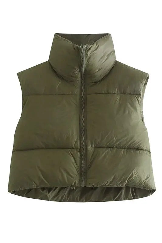 Cropped Puffer Vest With Stand Collar Front Zipper For Lightweight Layering Miss Sparkling
