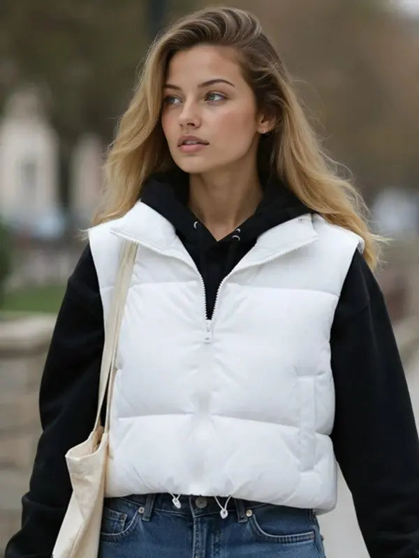 Cropped Puffer Vest With Stand Collar Front Zipper For Lightweight Layering Miss Sparkling