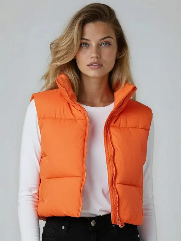 Cropped Puffer Vest With Stand Collar Front Zipper For Lightweight Layering Miss Sparkling
