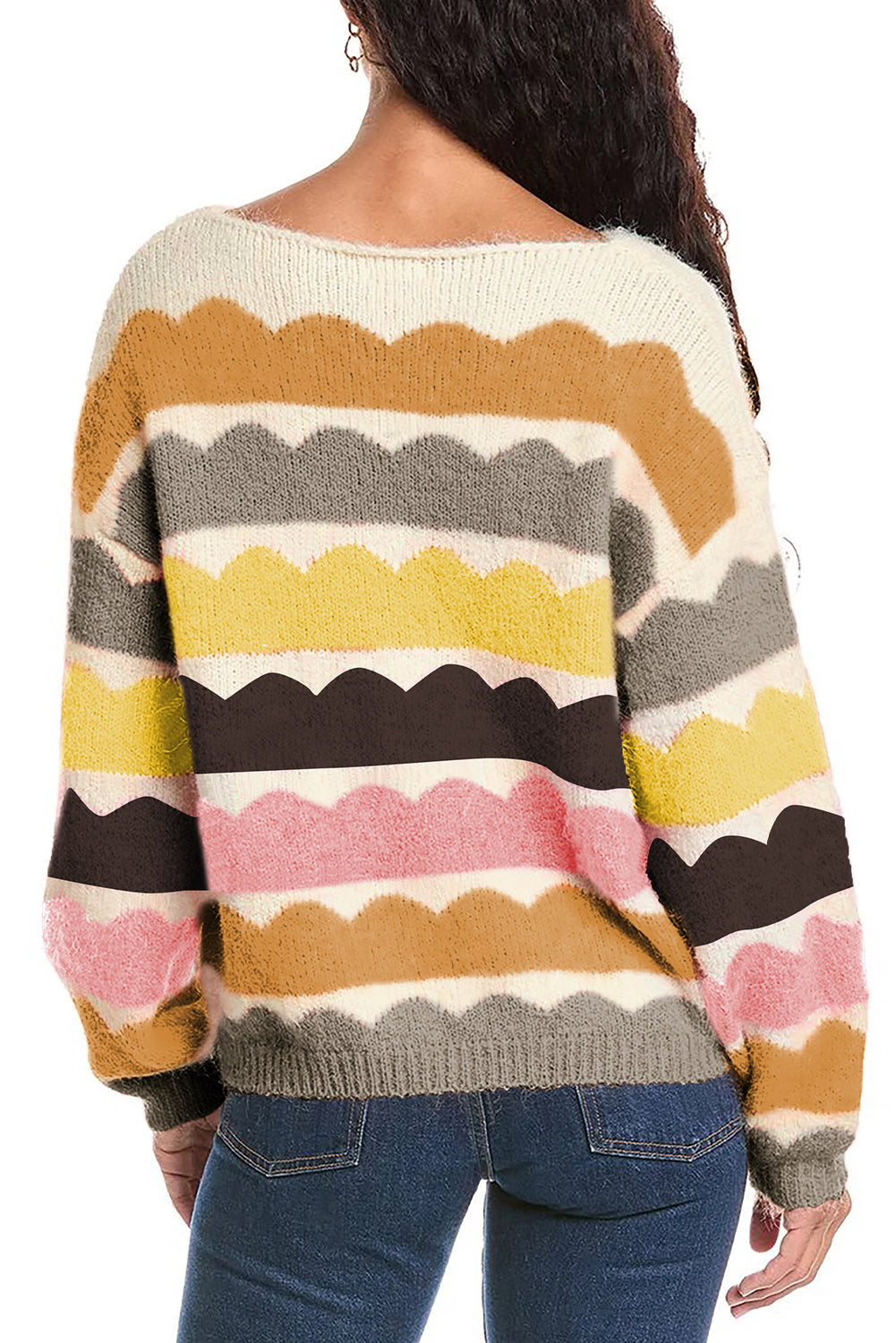 Chic yellow striped balloon sleeve sweater