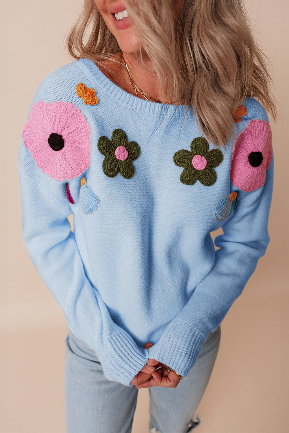 Crochet Flower Round Neck Dropped Shoulder Sweater.