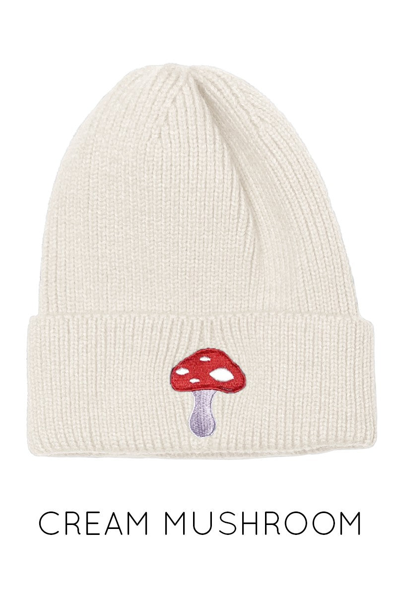 Embroidered Knit Beanie With In House Mushroom Embroidery