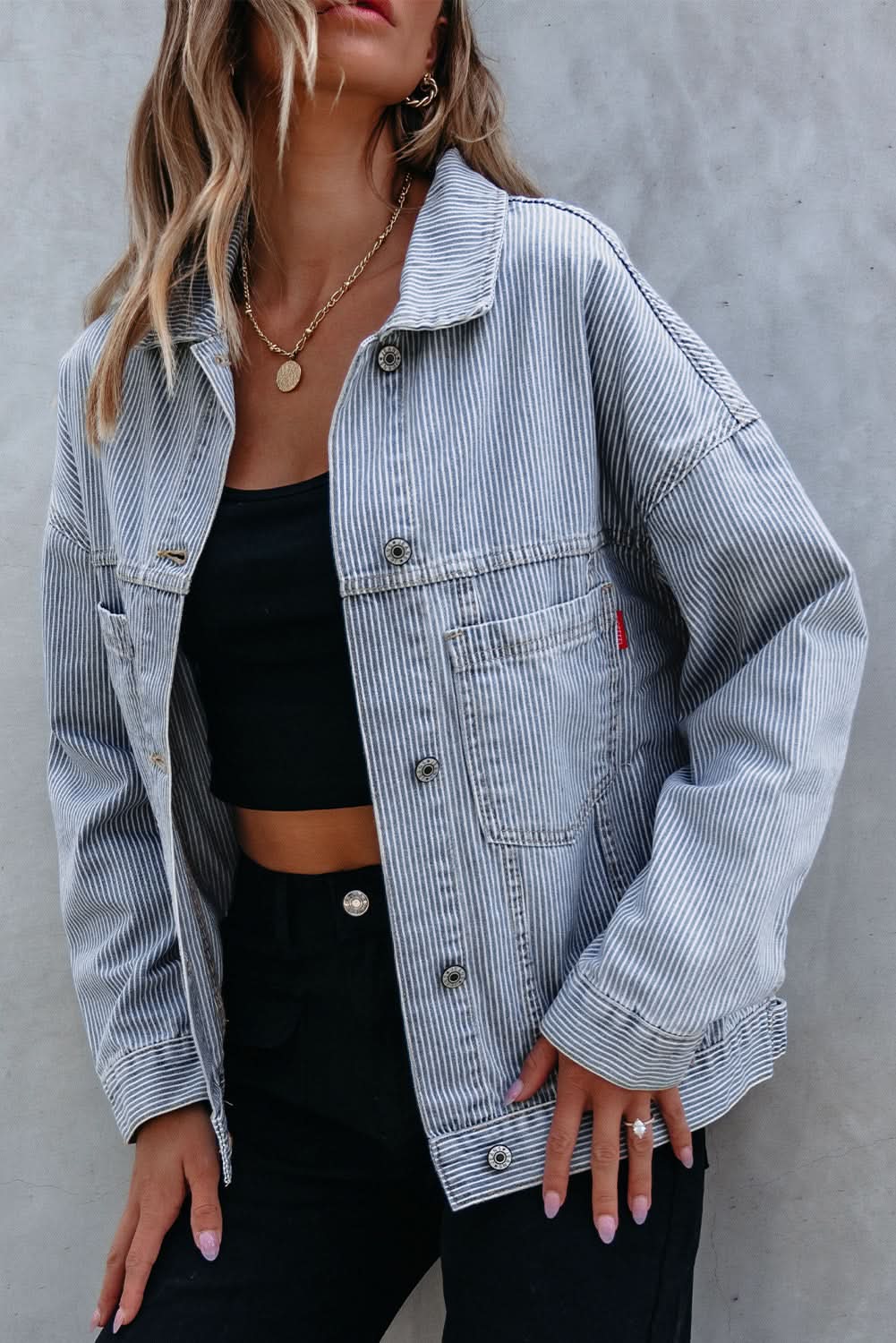Sky Blue Stripe Washed Oversize Pocketed Denim Jacket - Love Salve 