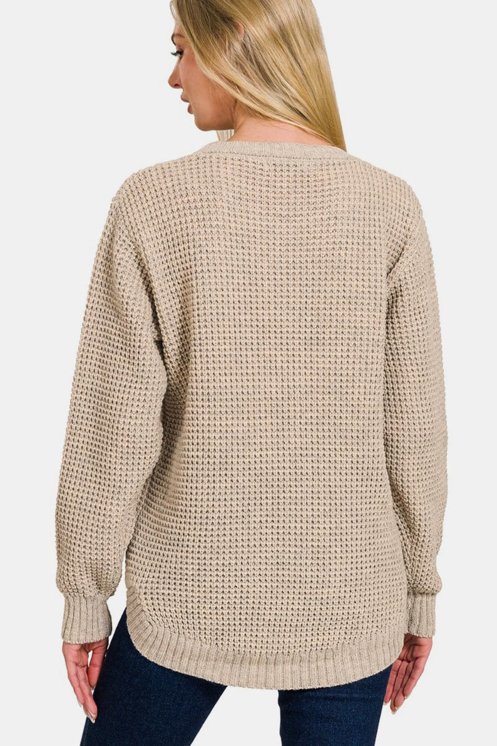 Zenana High Low Long Sleeve Waffle Sweater.