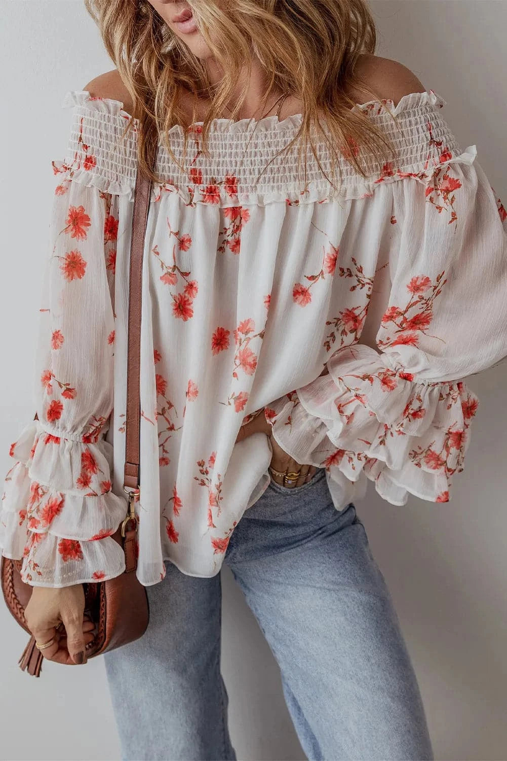 Sheer ruffled off-shoulder blouse