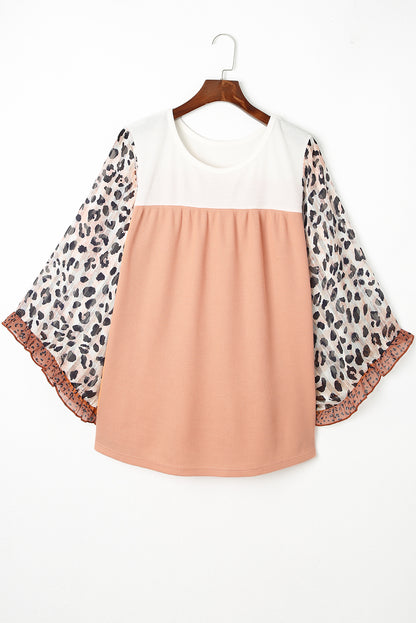 Chic khaki ruffle top with leopard print sleeves and color block design