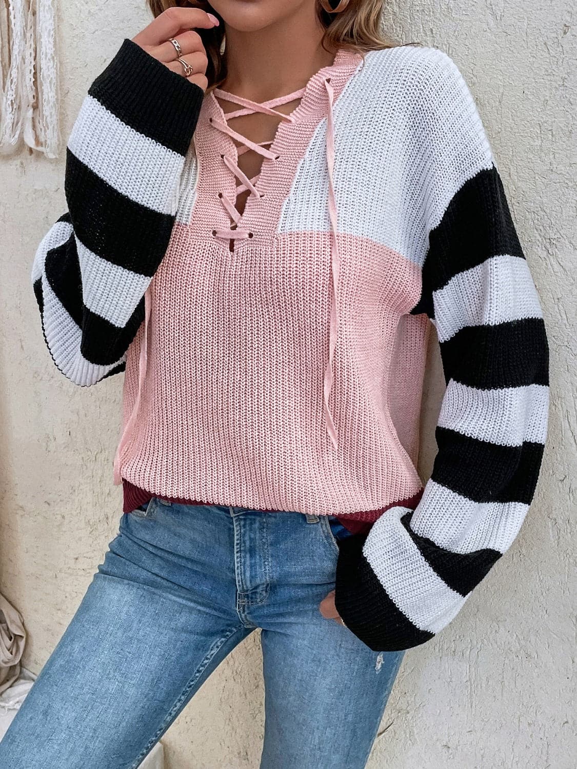 Color Block Tied Dropped Shoulder Sweater.