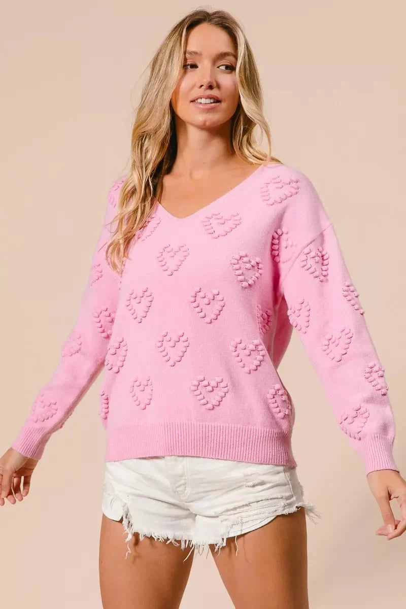 BiBi Valentines Heart Pompom V Neck Knit Top Coco’s Tee Boutique
