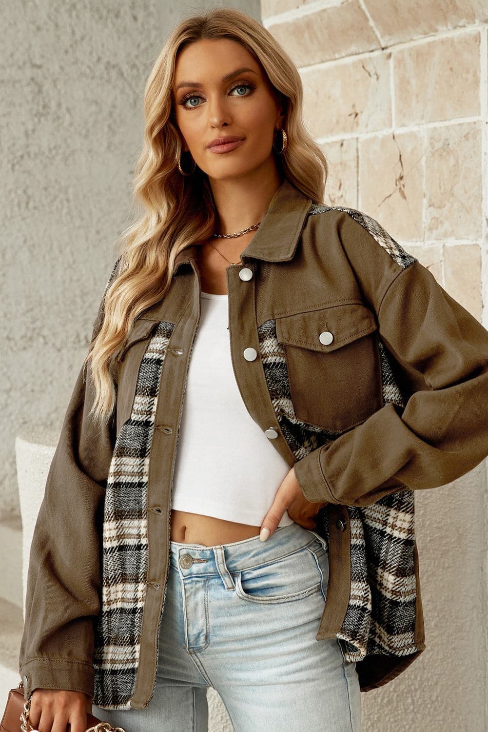 Plaid Collared Denim Jacket.