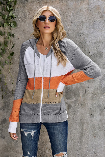 Zip-Up Raglan Sleeve Openwork Hooded Cardigan.