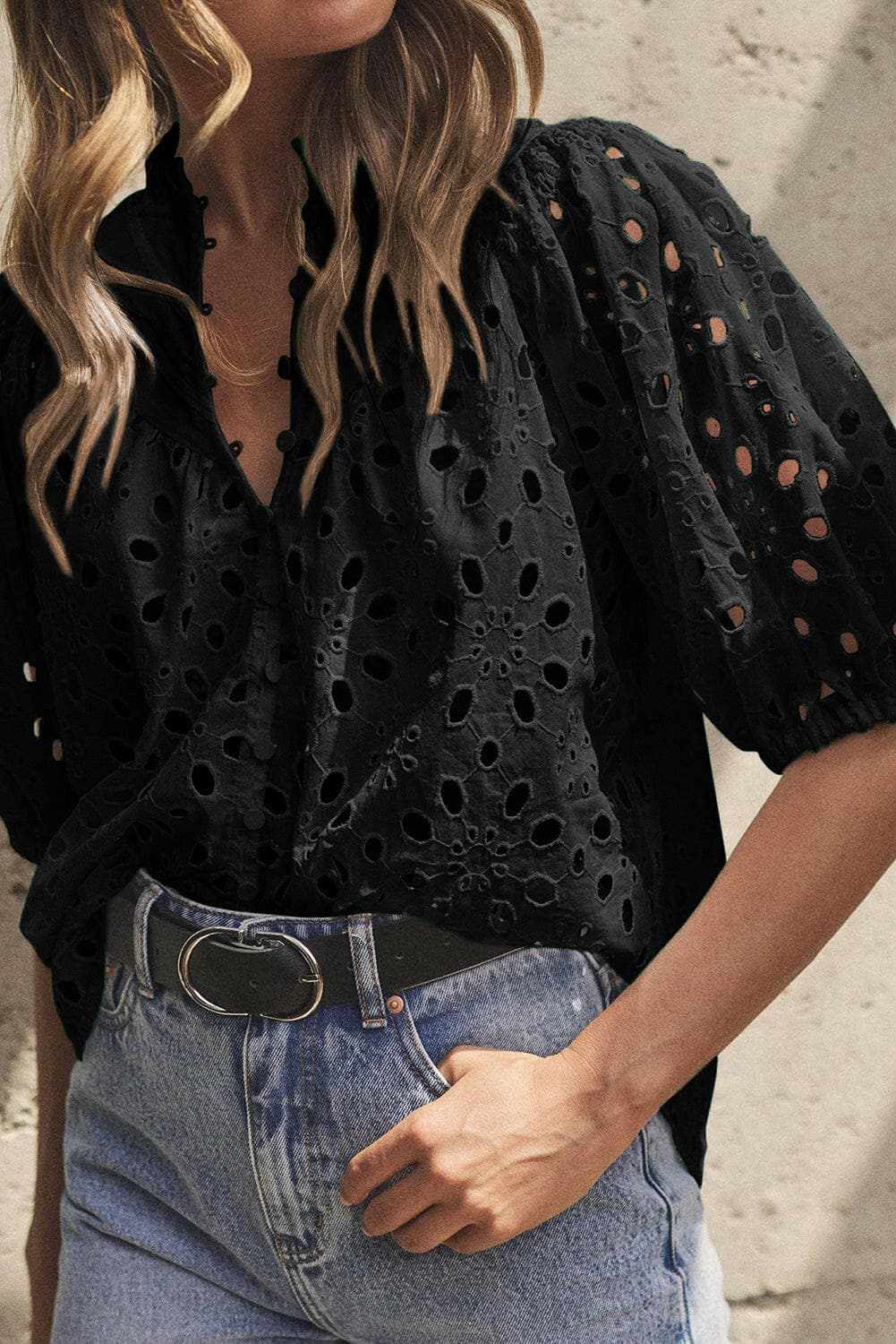 Eyelet Button Up Half Sleeve BlouseUpgrade Your Wardrobe with Style and Comfort
 
 
Elegant Design: Embrace sophistication with the Eyelet Button Up Half Sleeve Blouse.
 
Versatile Sheer Detail: The eLove Salve Half Sleeve Blousejust arrived