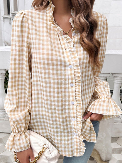 Frill Ruffled Plaid Long Sleeve Shirt.