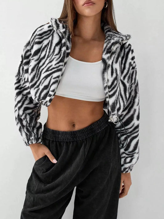 Zebra Print Plush Cropped Jacket With Zip And Drawstring Simply Love
