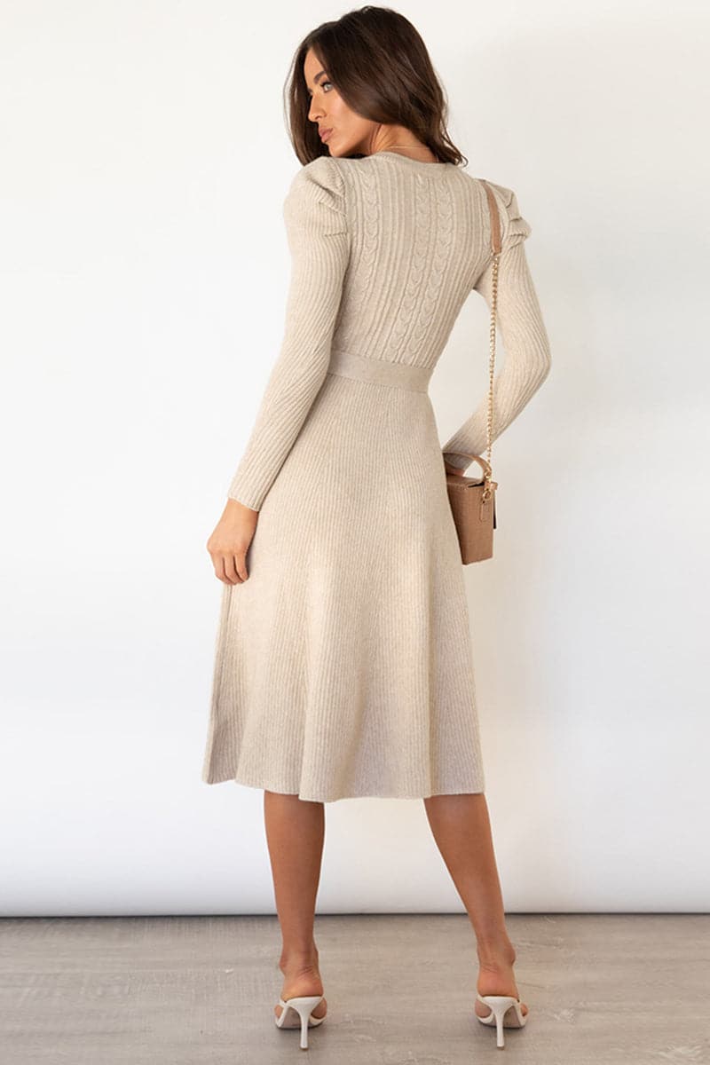 Round Neck Long Sleeve Tie Waist Sweater Dress.