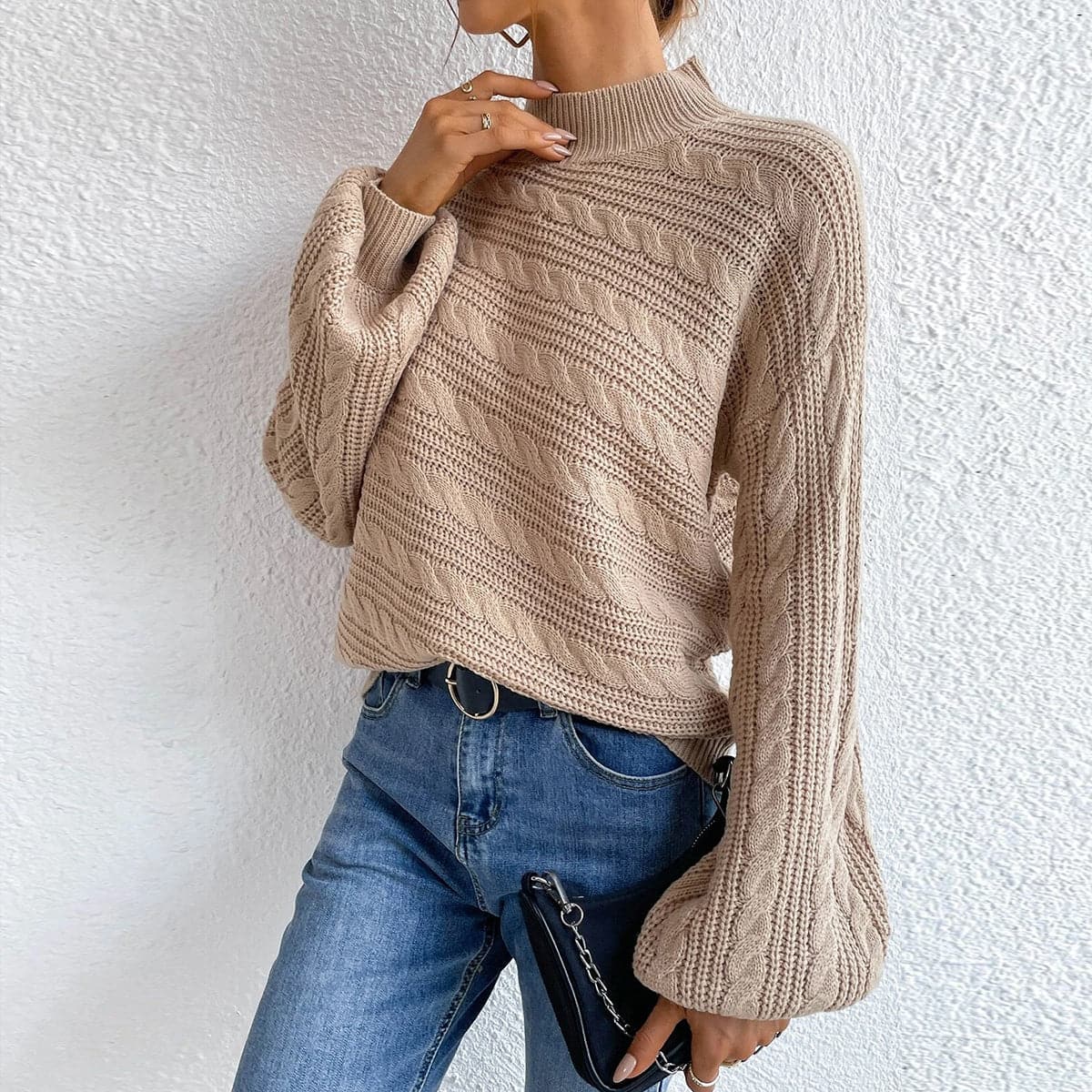 Cable-Knit Mock Neck  Long Sleeve Sweater.