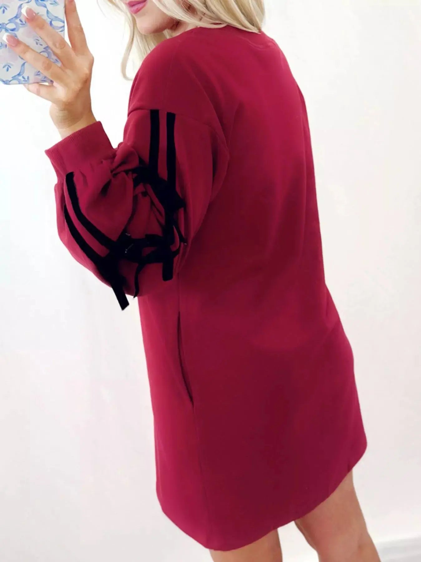 Contrast Striped Bow Detail Drop Shoulder Sweatshirt Dress with Pockets Simply Love