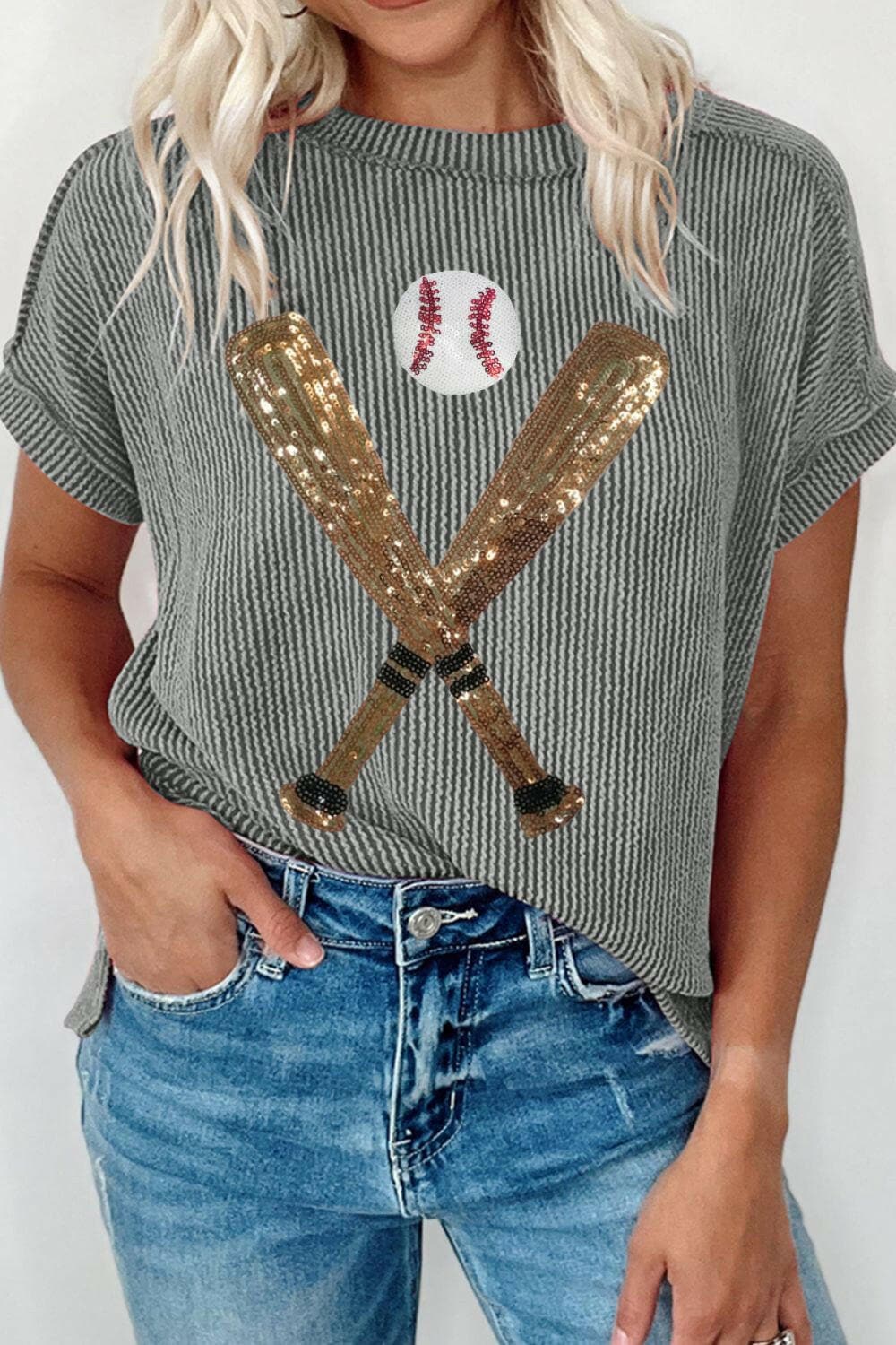 Sequin Baseball Round Neck Short Sleeve T-Shirt.