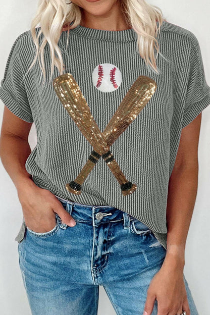 Sequin Baseball Round Neck Short Sleeve T-Shirt.