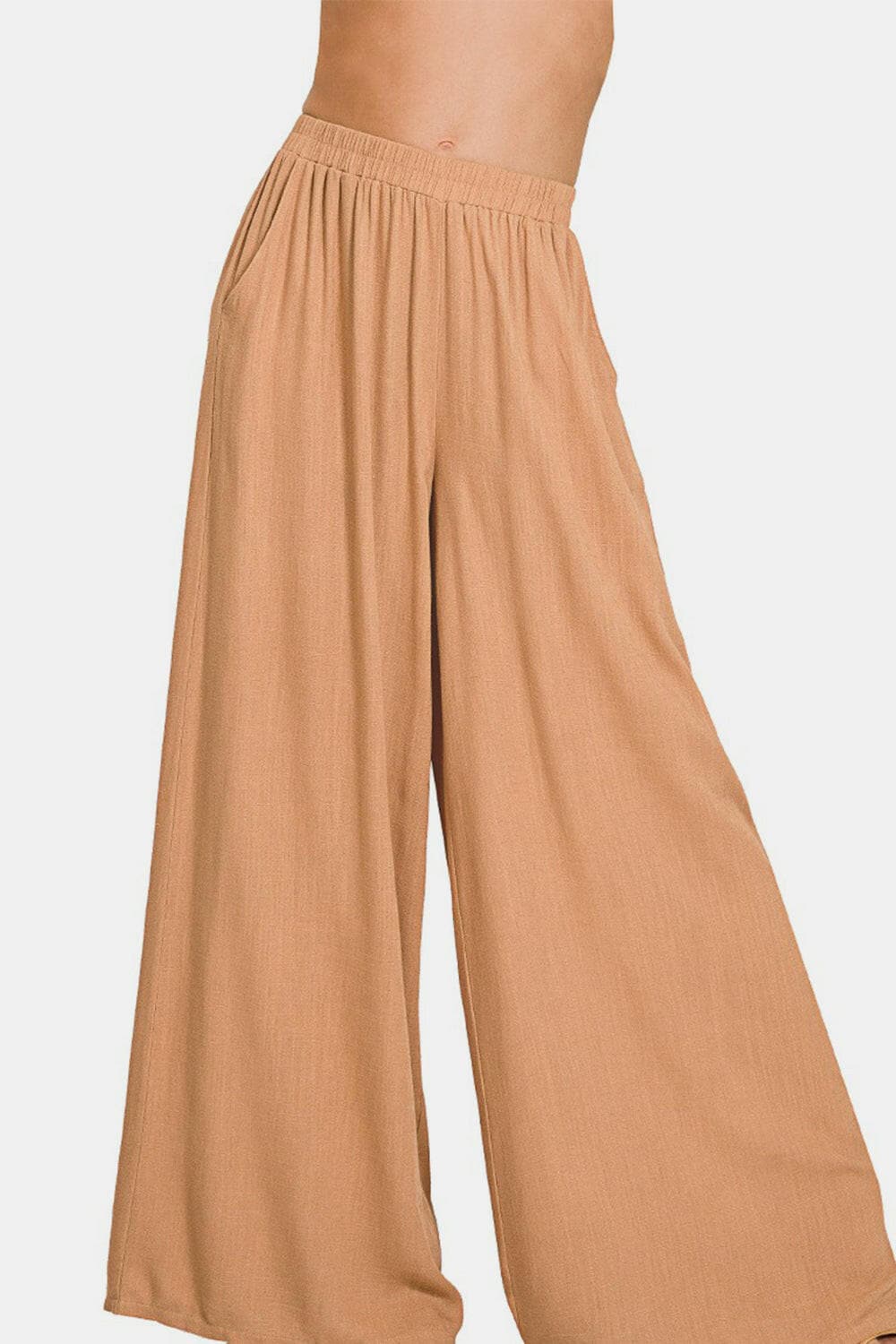 Zenana Pleated Linen Blend Wide Leg Pants.