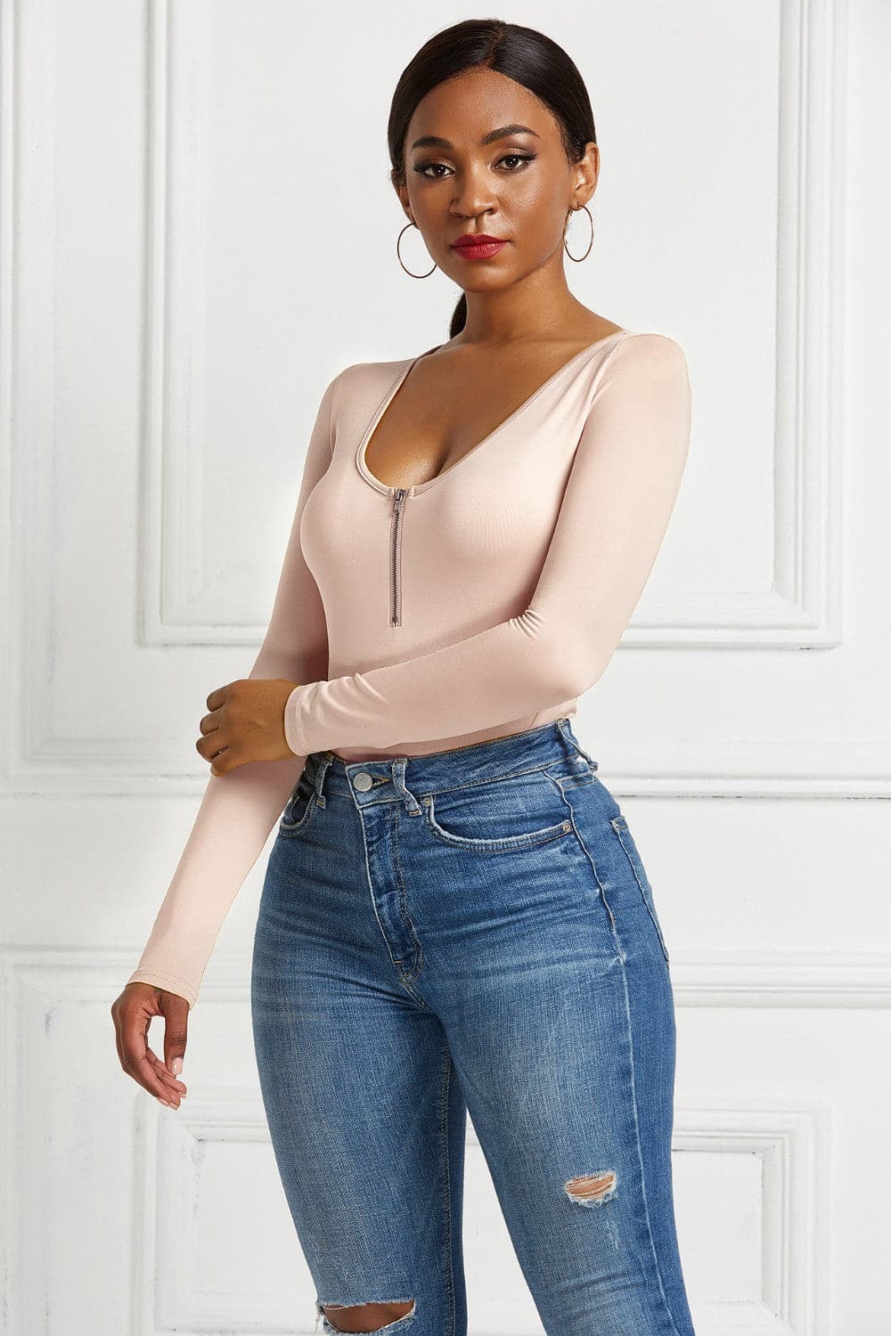 Half Zip Scoop Neck Long Sleeve Bodysuit.