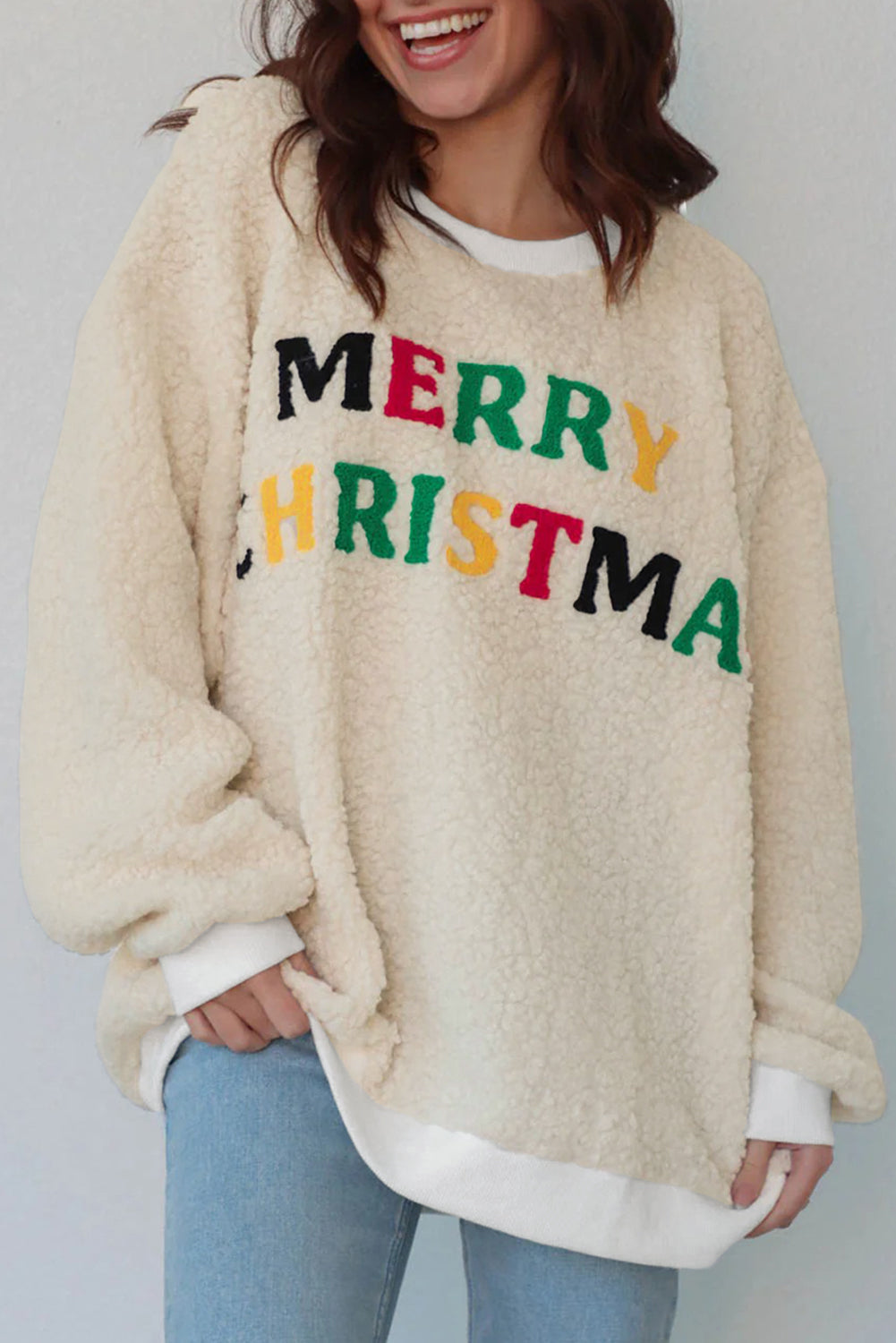 Dear-Lover White Sherpa Sweatshirt Women's Christmas Embroidered Pullover - Soft & Casual Dear-Lover Dropshipping