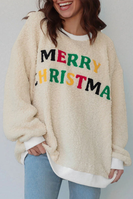 Dear-Lover White Sherpa Sweatshirt Women's Christmas Embroidered Pullover - Soft & Casual Dear-Lover Dropshipping
