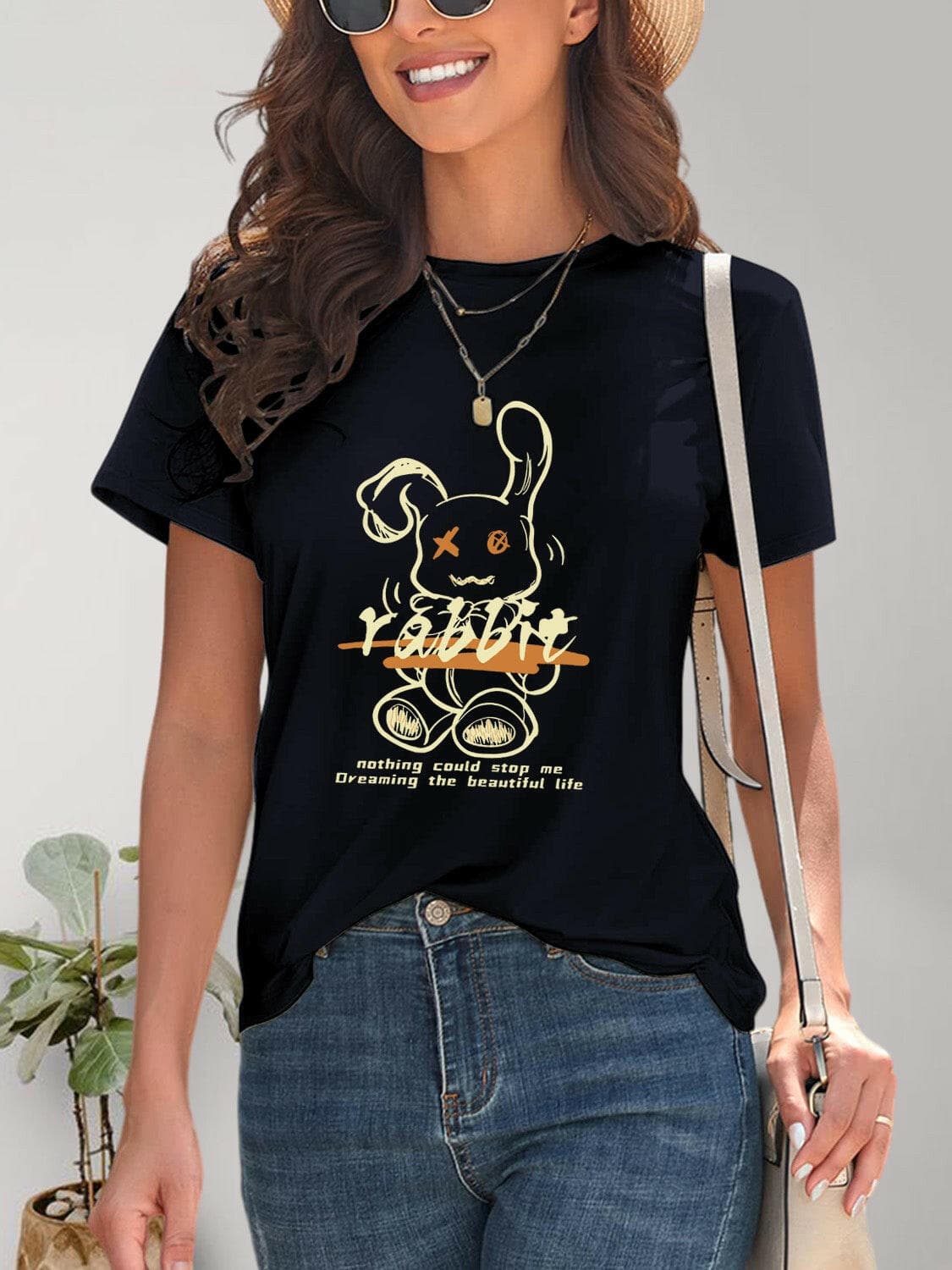 Rabbit Graphic Round Neck Short Sleeve T-Shirt.