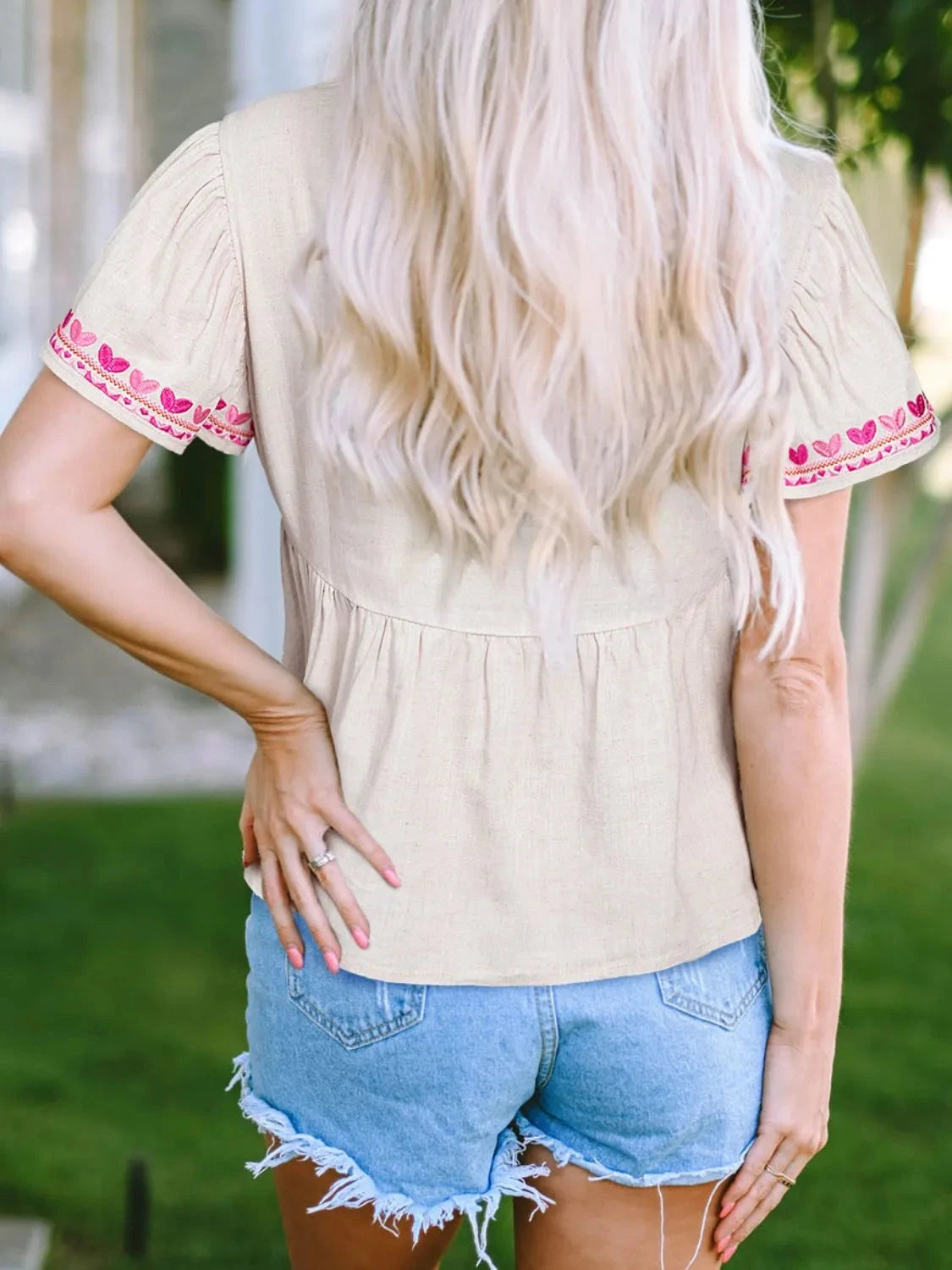Floral Embroidered Short Sleeve Notched Blouse Simply Love