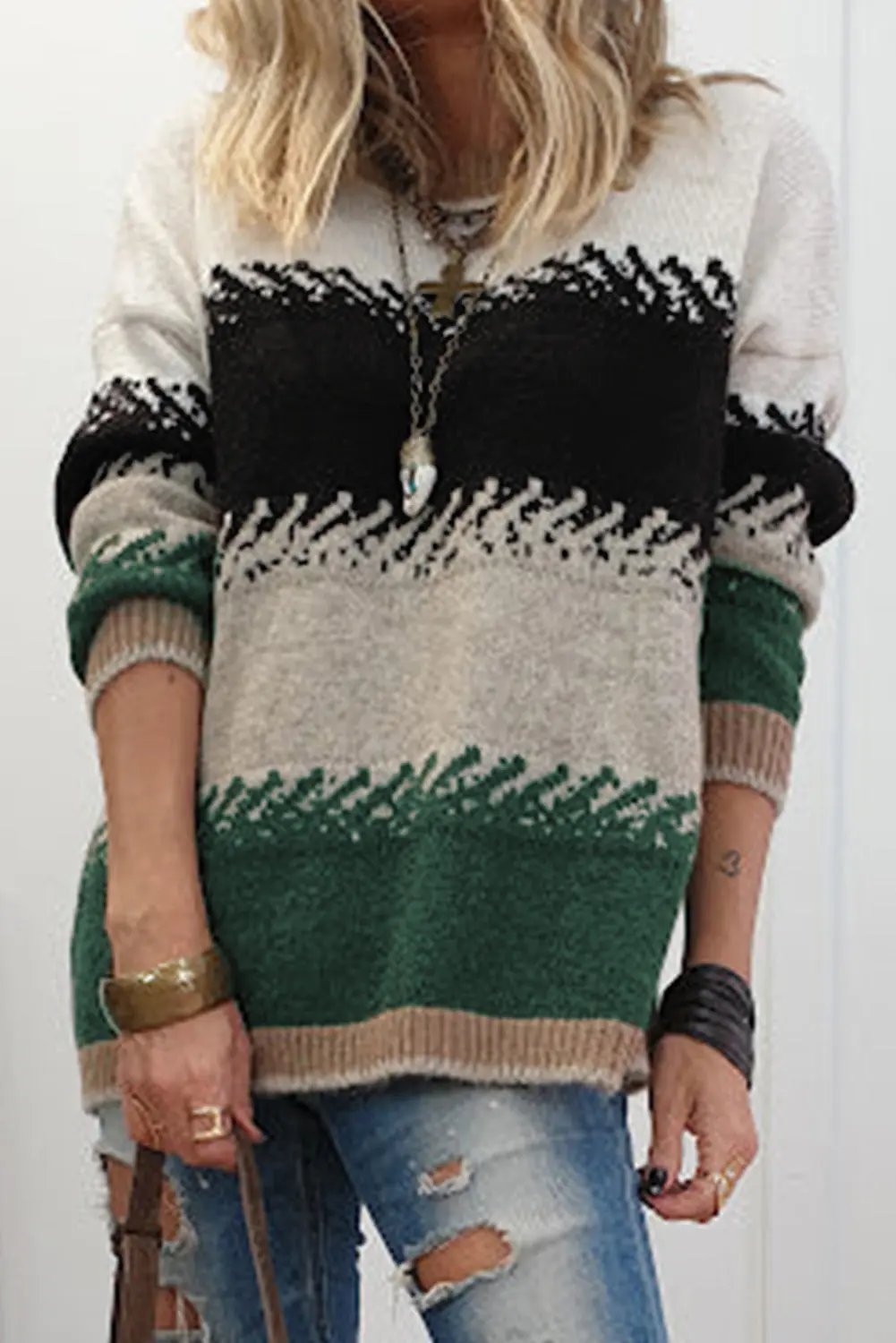 Premium Black Color Block Drop Shoulder Sweater Stylish Pattern Dear-Lover Dropshipping