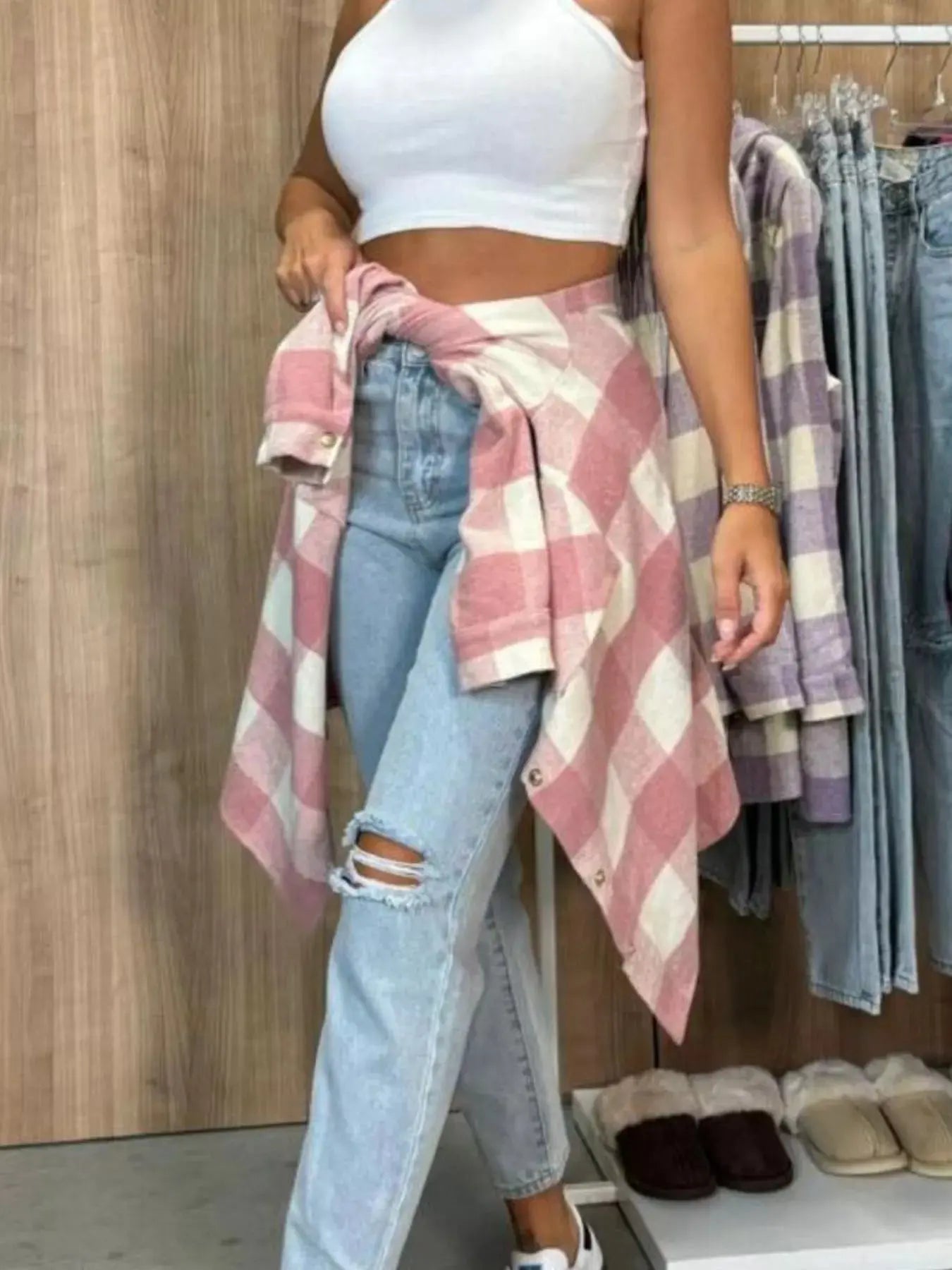 Pink Plaid Shacket With Button Front And Pockets Long Sleeve Simply Love