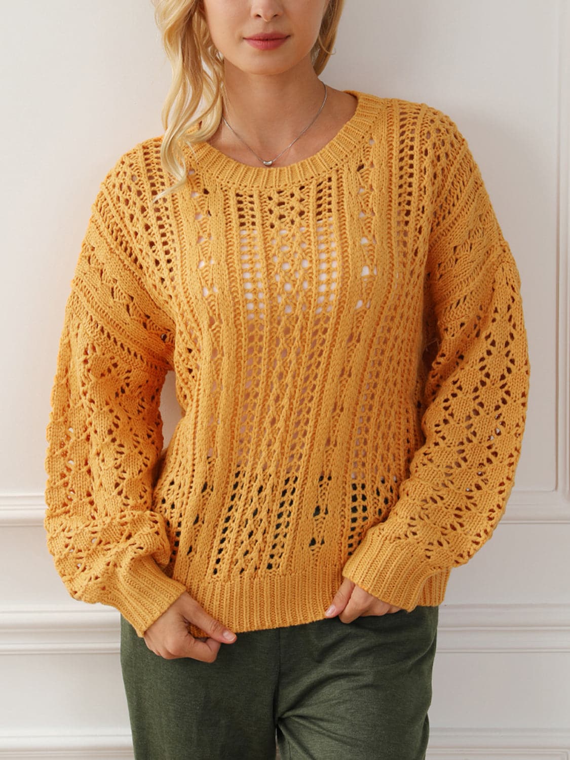 Openwork Round Neck Long Sleeve Sweater.