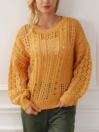 Openwork Round Neck Long Sleeve Sweater.