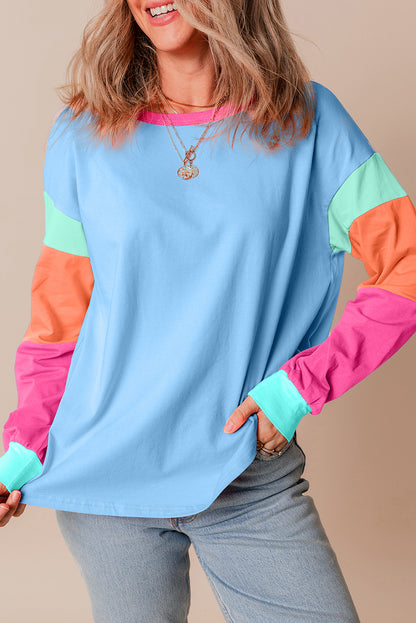 Colorblock Patchwork Long Sleeve Top in Dark Blue