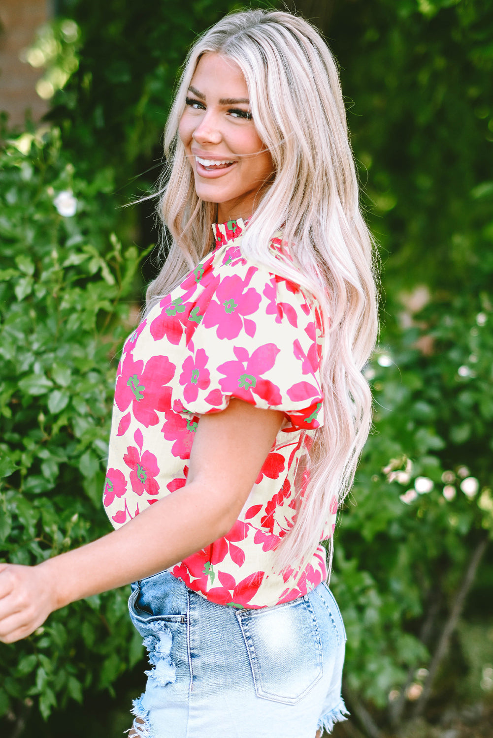 Beige floral puff sleeve blouse