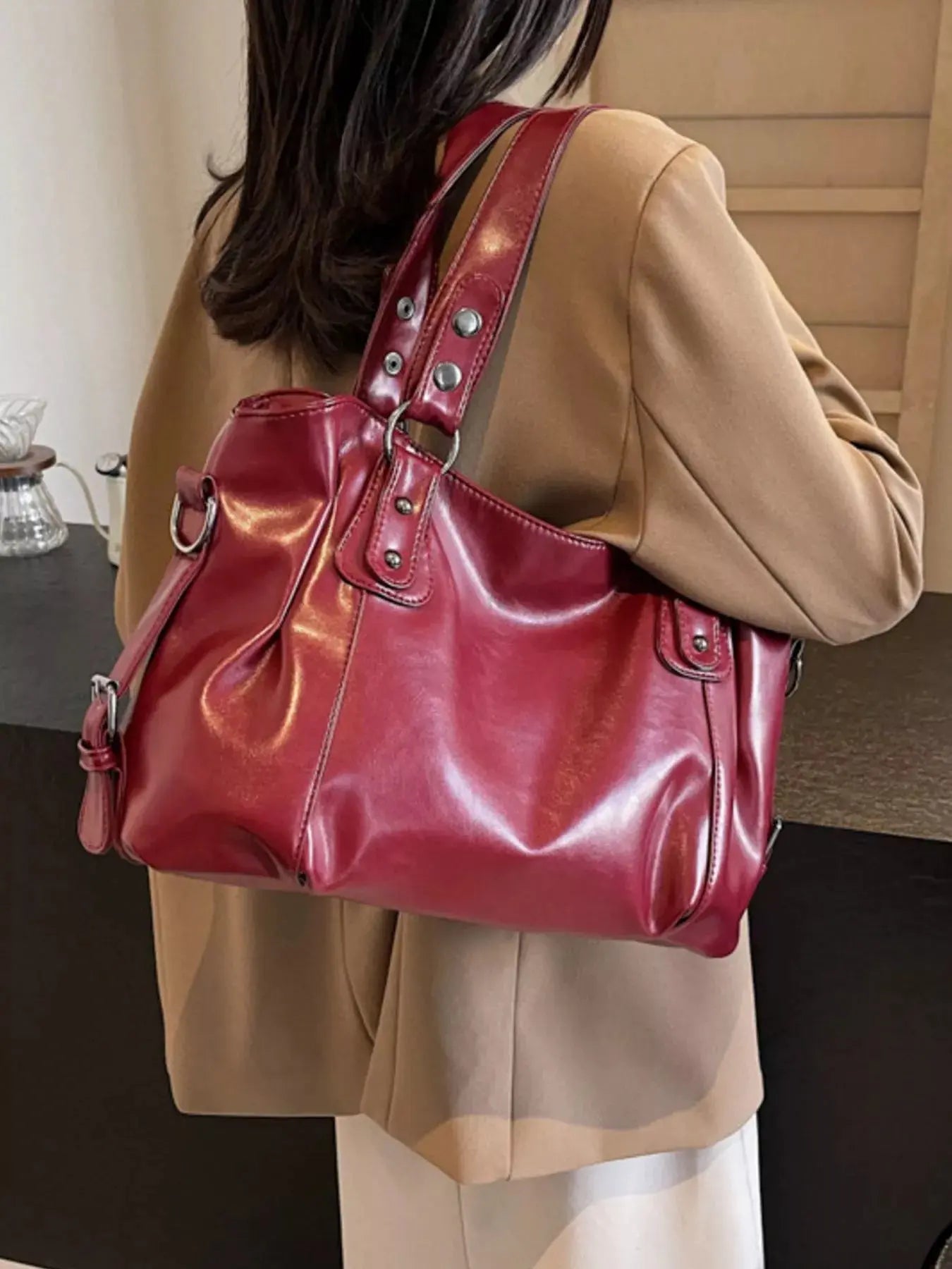 Vintage Style PU Leather Handbag Large Tote With Shoulder Straps Simply Love