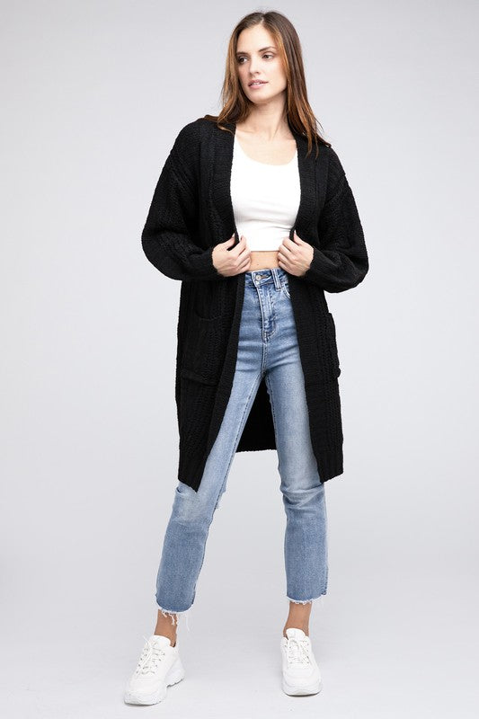 Twisted texture open front cardigan with pockets