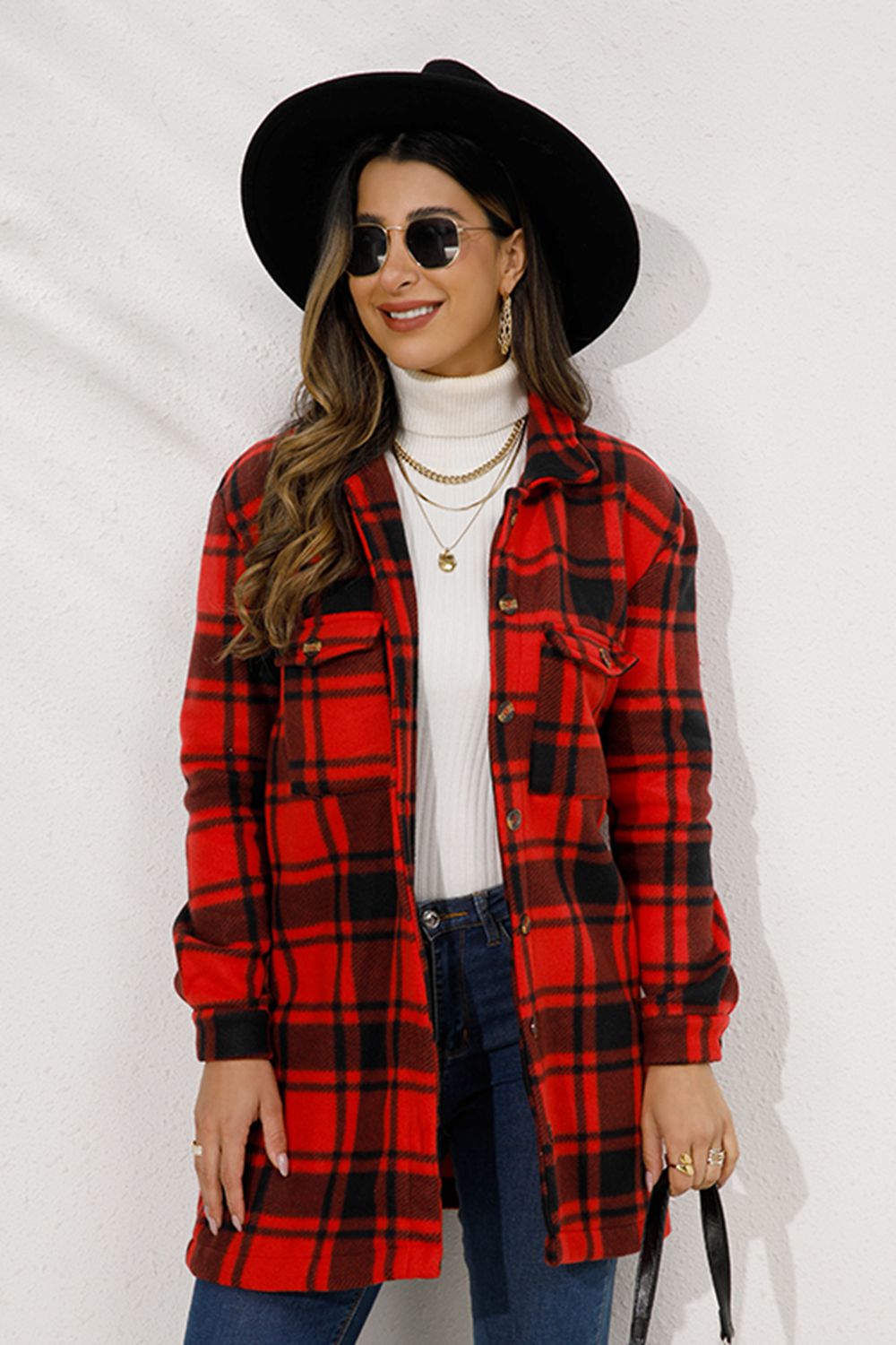 Shiny Plaid Collared Longline Coat Coco’s Tee Boutique