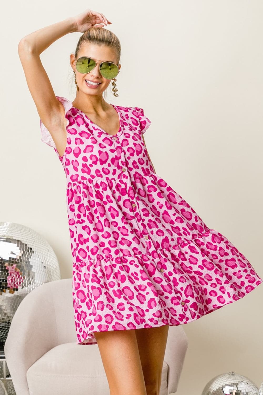 BiBi Leopard Cap Sleeve Tiered Mini Dress.