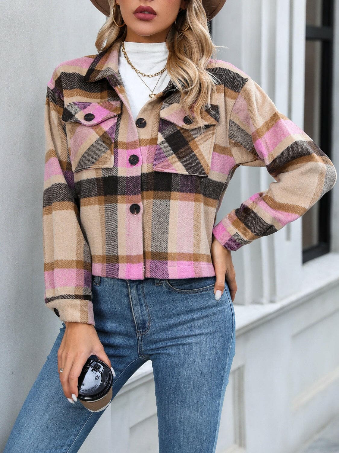 Plaid Button Up Jacket with Pockets.