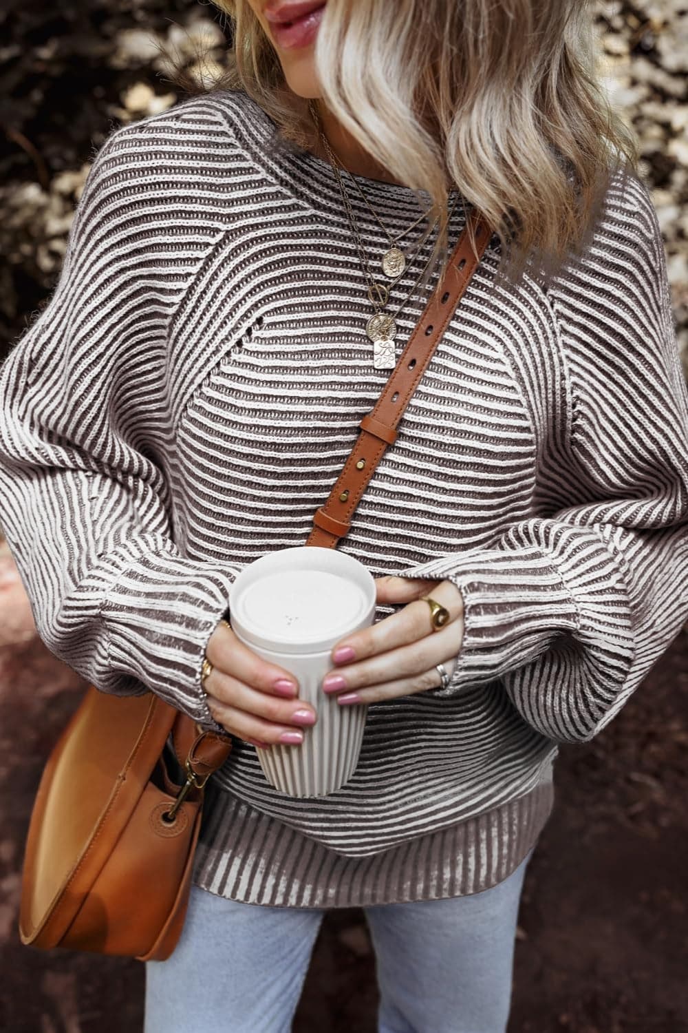 Textured striped long sleeve top with round neck