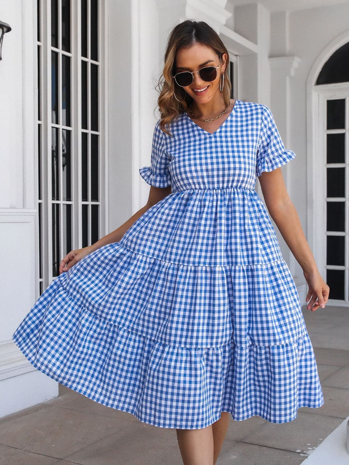 Plaid V-Neck Short Sleeve Midi Dress.